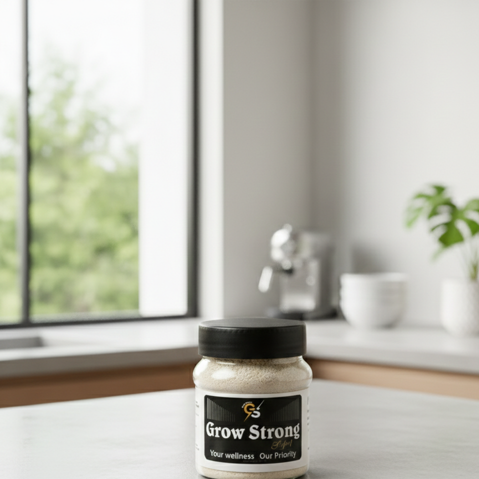 Grow Strong Wellness Supplement Jar With Secure Lid.