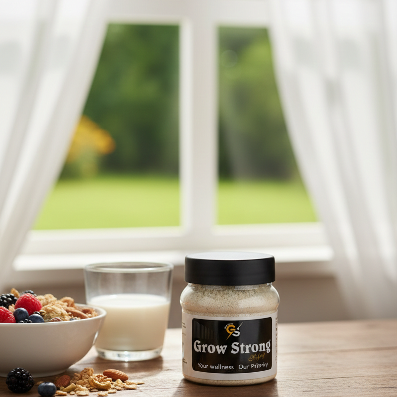 Grow Strong Wellness Supplement Jar With Secure Lid.