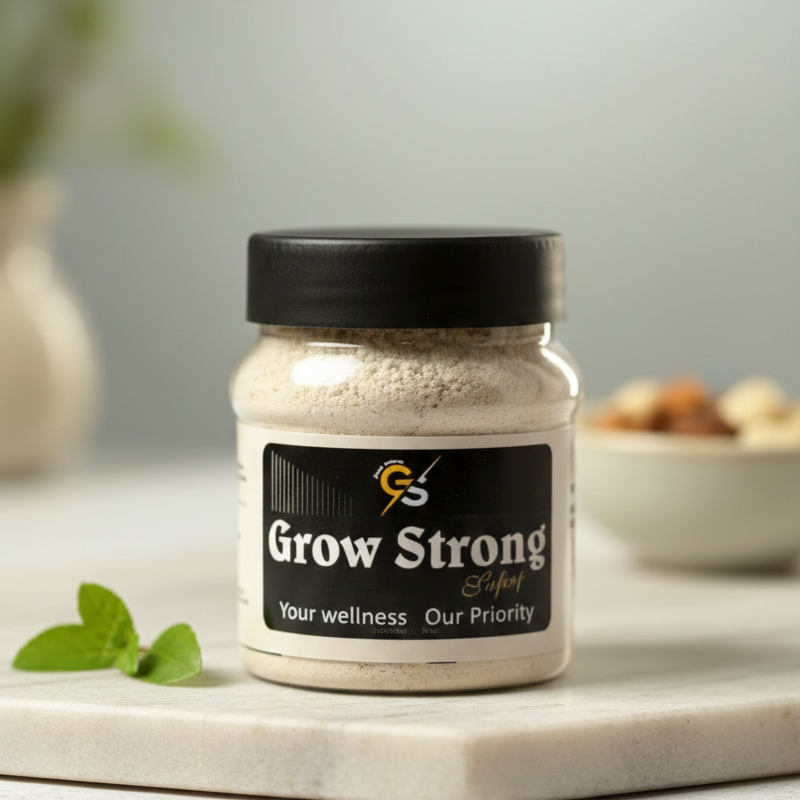Grow Strong Wellness Supplement Jar With Secure Lid.
